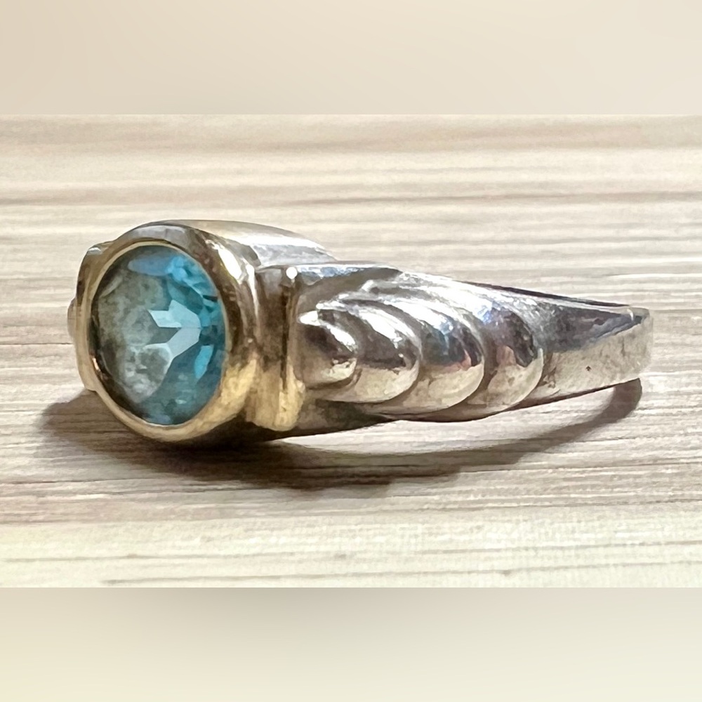 Designer KD Sterling Silver & 14K Gold Blue Topaz Solitaire Ring, Size 7.25, 4g - Picture 3 of 12